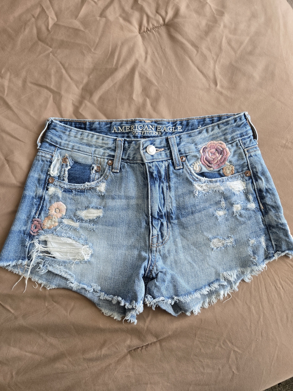 American Eagle Outfitters Light Blue Distressed Embroidered Denim Shorts